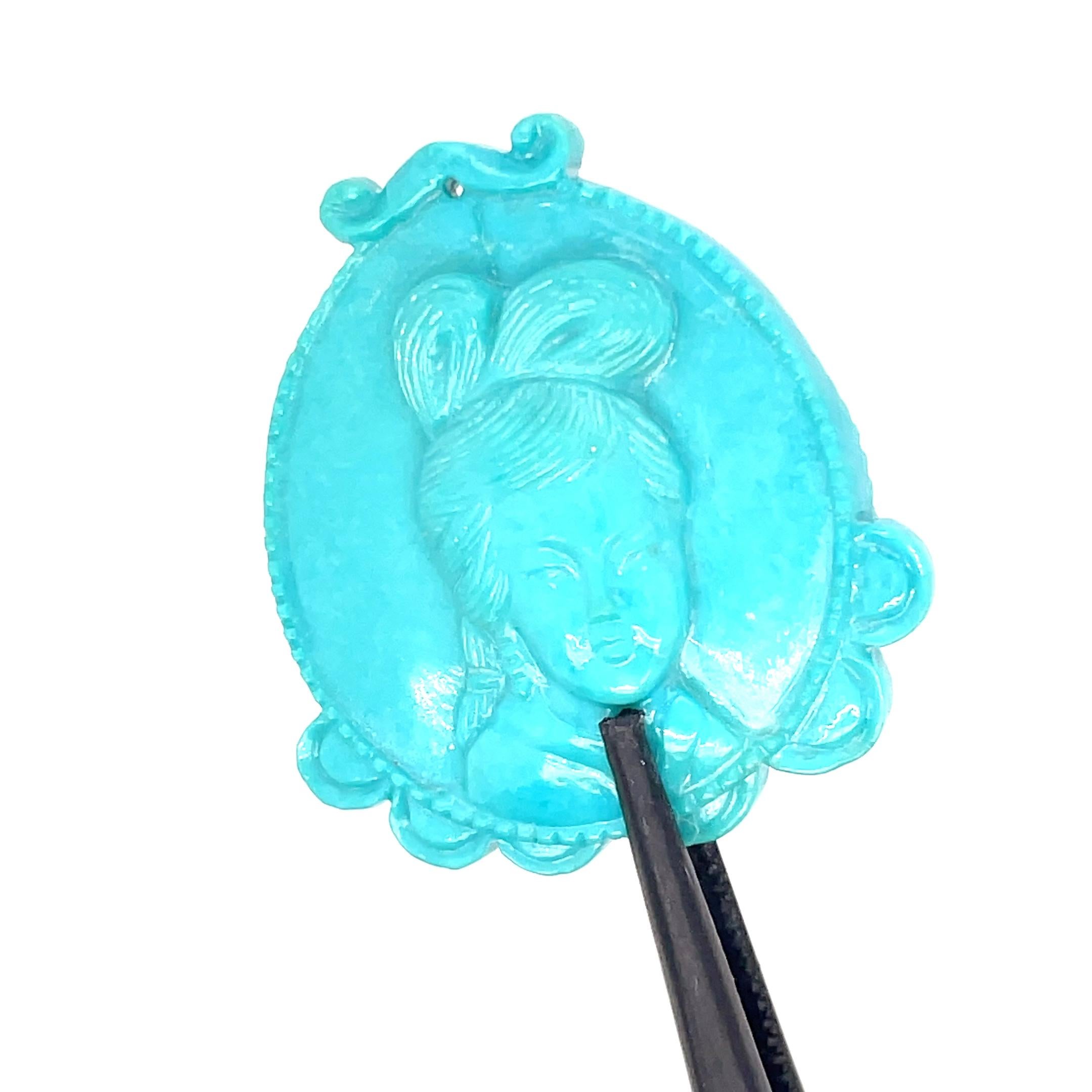 Turquoise Lady Face Carving Pendant Cts 39.16 For Sale 5