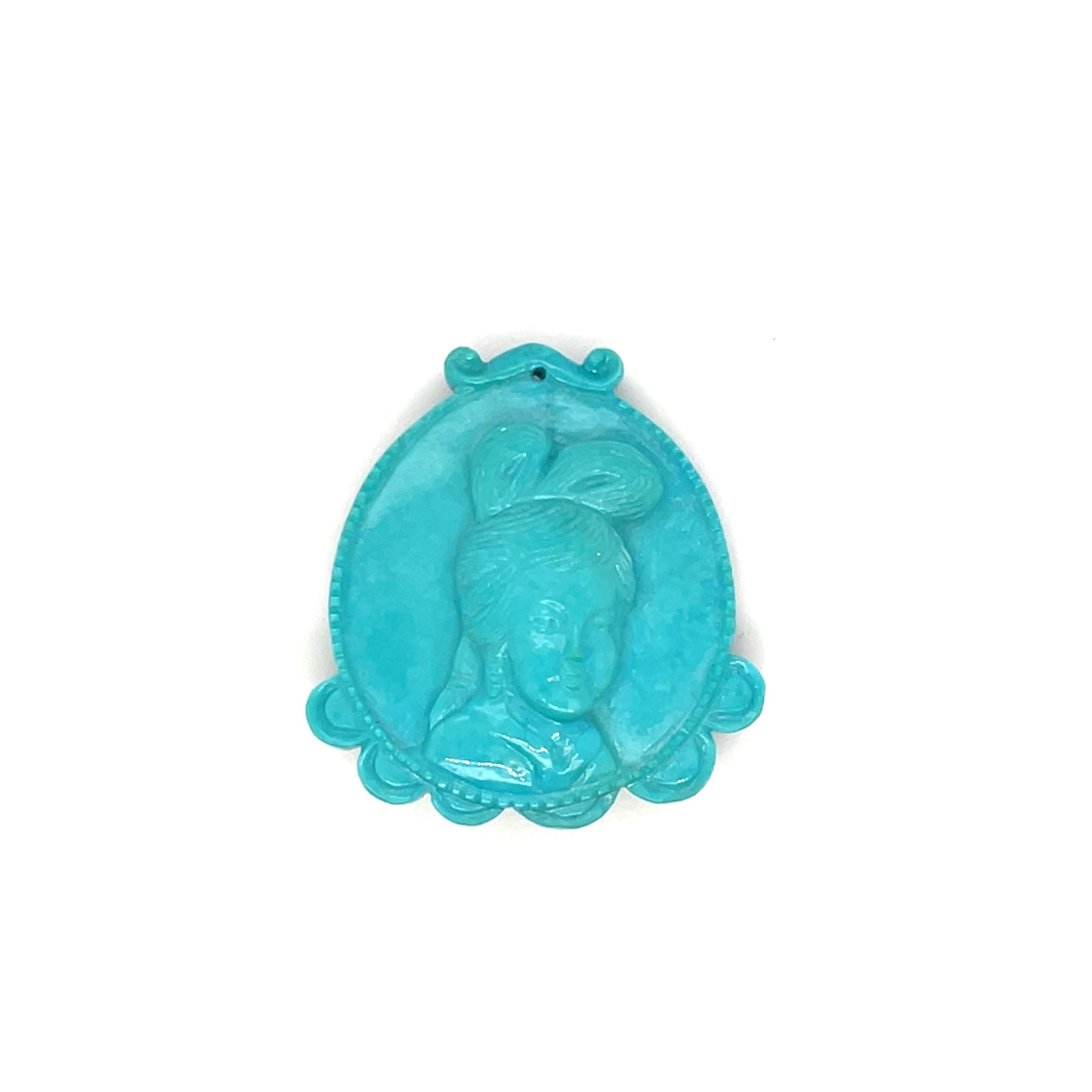 Contemporary Turquoise Lady Face Carving Pendant Cts 39.16 For Sale