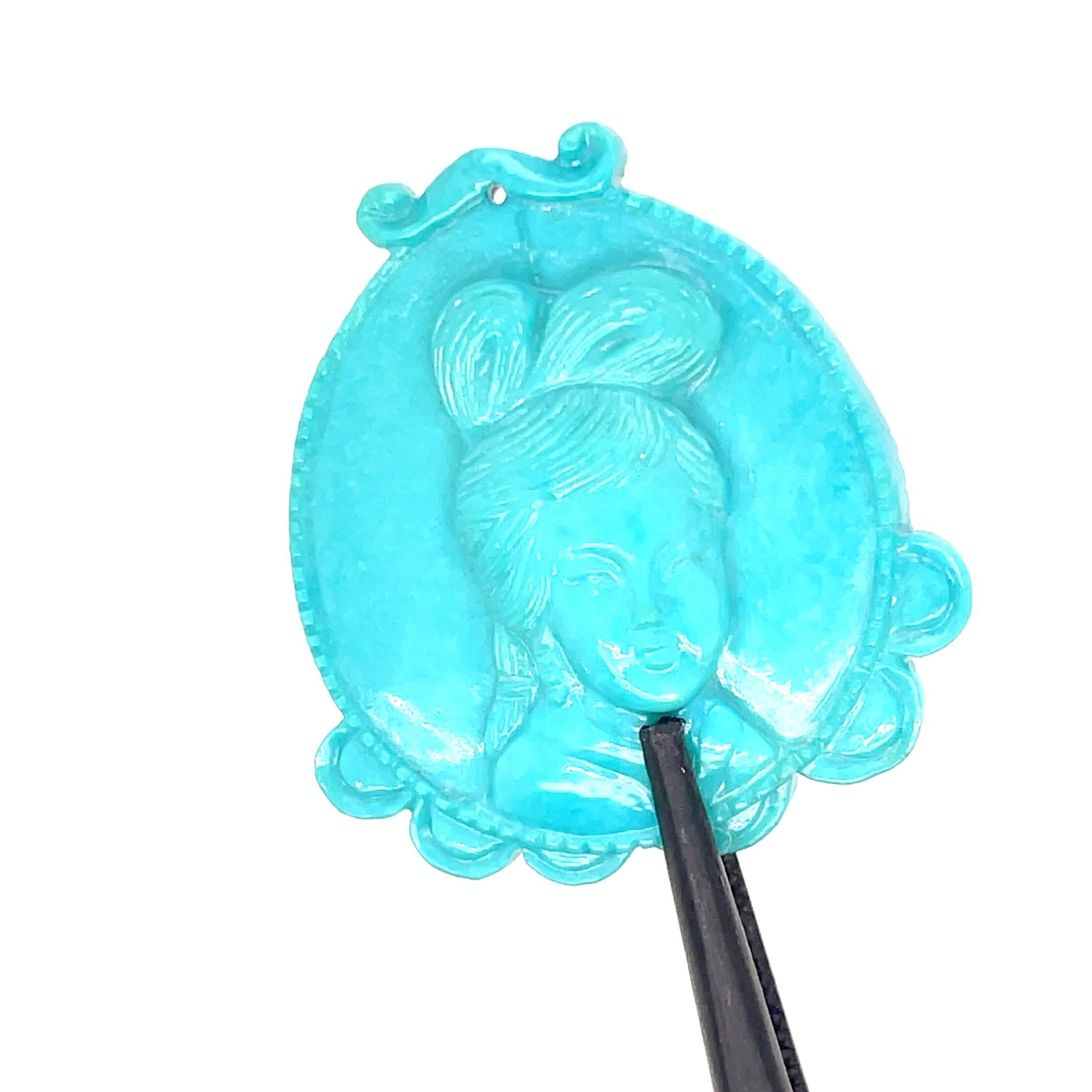 Turquoise Lady Face Carving Pendant Cts 39.16 For Sale 3