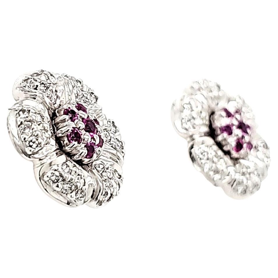 Boucles d'oreilles à fleurs en or 18 carats, saphir rose Cts 0,36 et diamant rond Cts 0,60