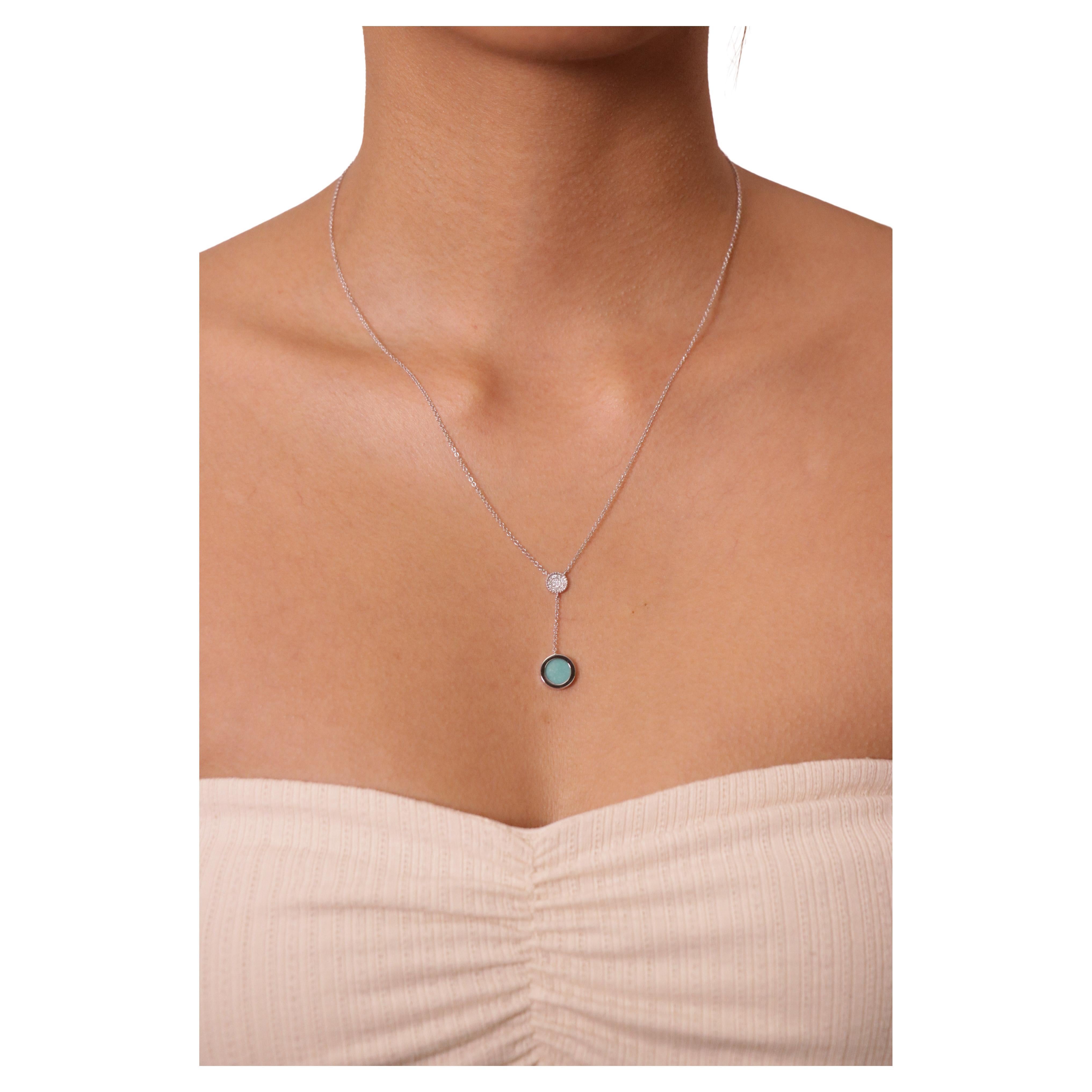 18 Karat Weißgold Kreis Türkis Cts 0,88 und runder Diamant Lariat Halskette
