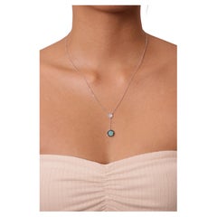Collar Lariat Oro Blanco 18k Círculo Turquesa Cts 0.88 y Diamante Redondo