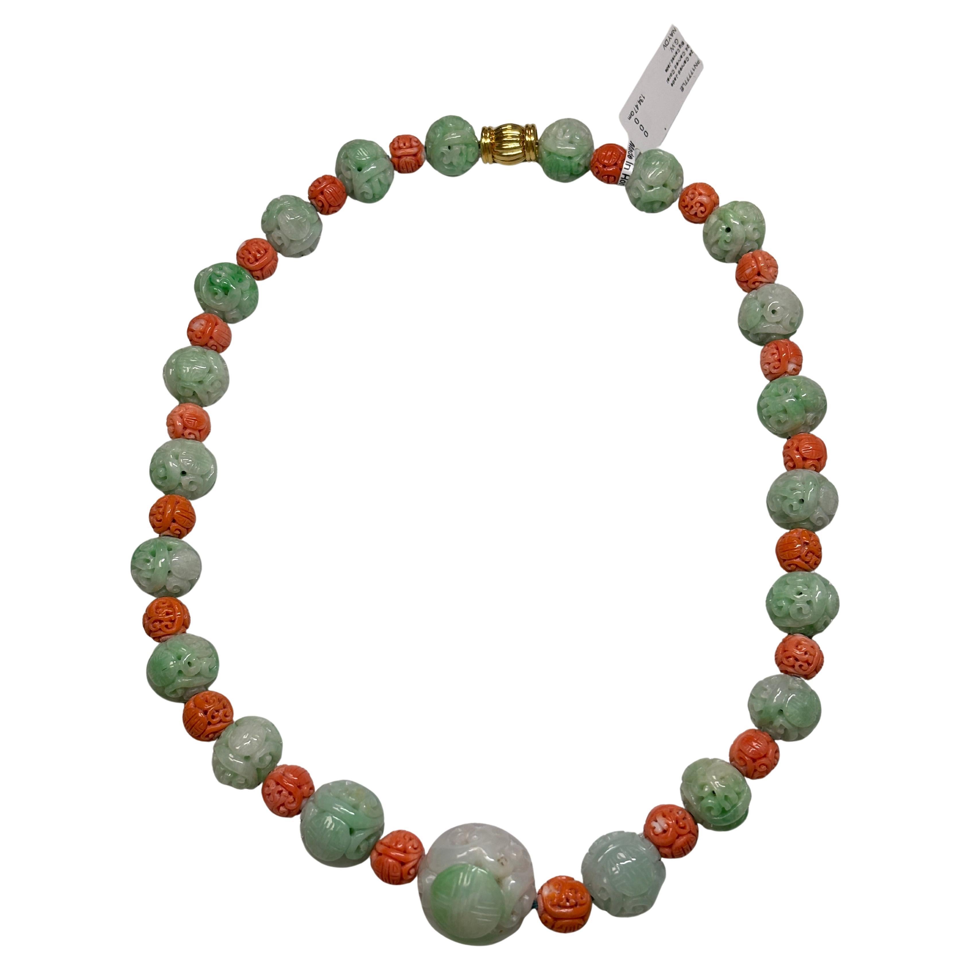 Vintage Natural Carved Jade and Coral Necklace with Gold Clasp
