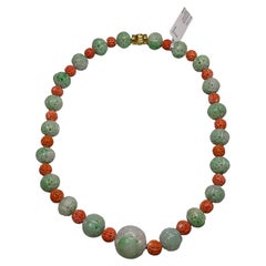 Vintage Natural Carved Jade and Coral Necklace with Gold Clasp
