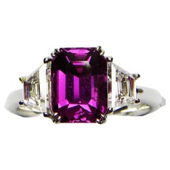 3.11 Carat Emerald Cut Pink Sapphire and Diamond White Gold Engagement Ring