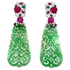 Green Jadeite Jade Earrings with Ruby, Emerald Diamond Accents – 18K White Gold