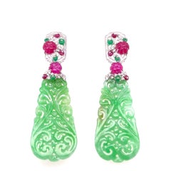 Green Jadeite Jade Earrings with Ruby, Emerald Diamond Accents – 18K White Gold