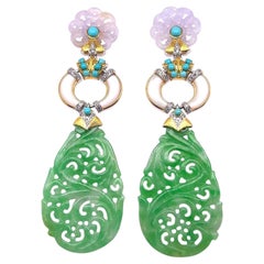 Green & Lavender Jadeite Jade Earrings with Diamond, Moonstone & Turquoise