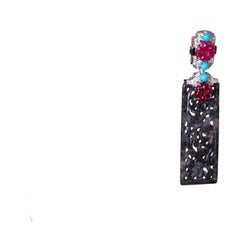 Black Jadeite Jade Earrings with Ruby Carving & Diamond Accents – 18K White Gold