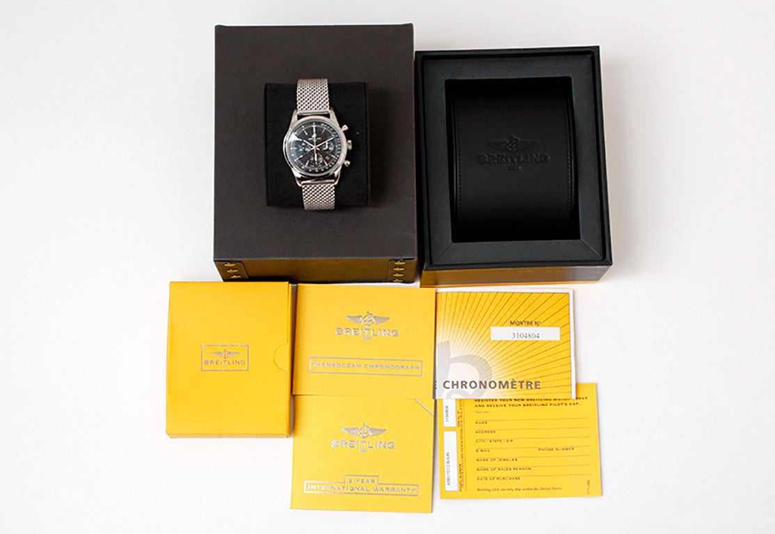 Breitling Stainless Steel Transocean Black Chronograph Dial Wristwatch In Excellent Condition In Dallas, TX