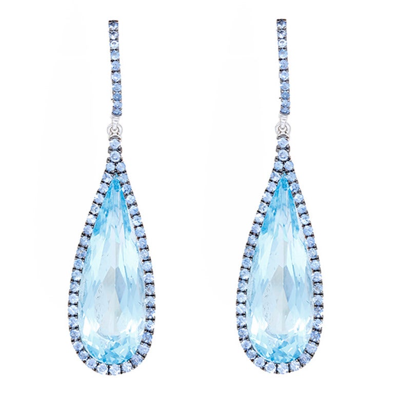 Beautiful Blue Topaz Blue Sapphire Gold Long Dangle Earrings