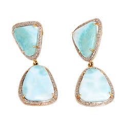 Beautiful Larimar Diamond Silver Gold Dangle Earrings