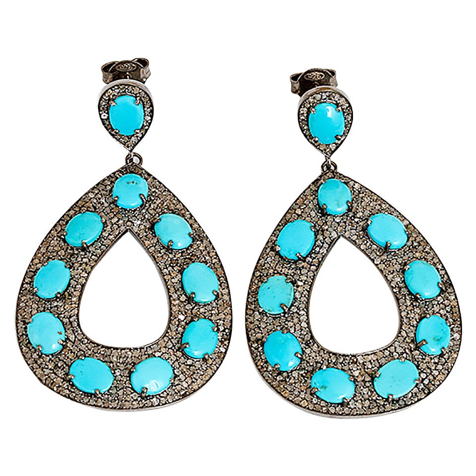 Bohemian Turquoise Diamond Silver Teardrop Earrings