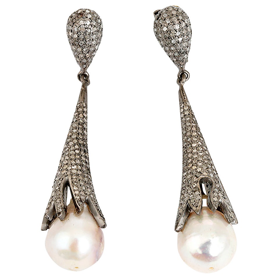 Beautiful Pearl Diamond Silver Claw Drop Earrings