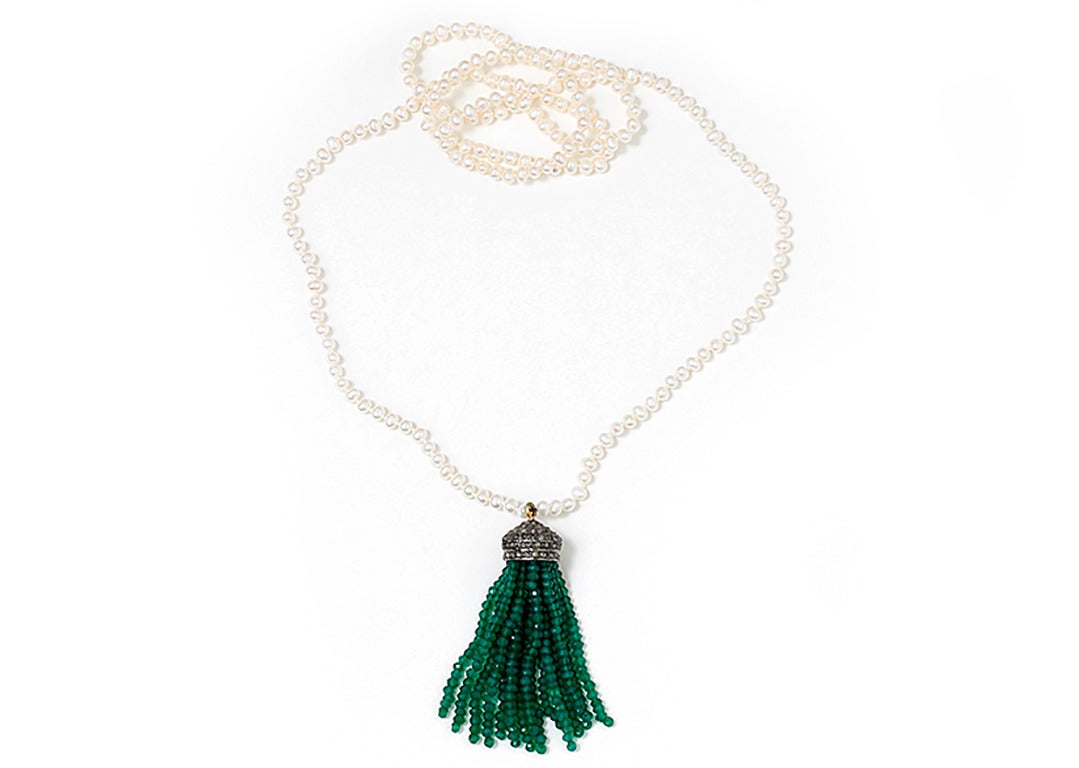 Amazing Seed Pearl Necklace with Emerald Diamond Silver Tassel
