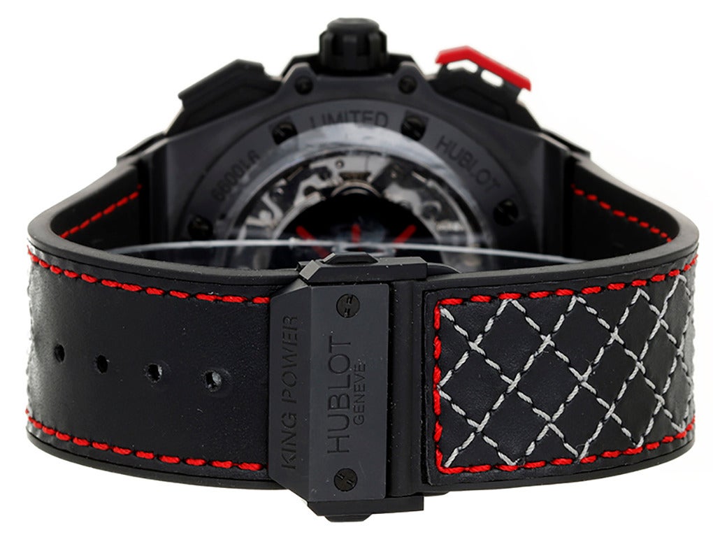 Automatic winding,  HUB 4100 movement, approximately 42 hours of power reserve; chronograph. Micro-blasted black ceramic case (48mm diameter) with Dwyane Wade logo on back, micro-blasted black ceramic bezel with red composite resin element, black