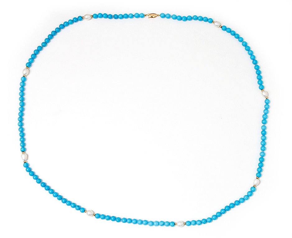 Amazing Turquoise Biwa Pearl Gold Necklace In Excellent Condition In Dallas, TX