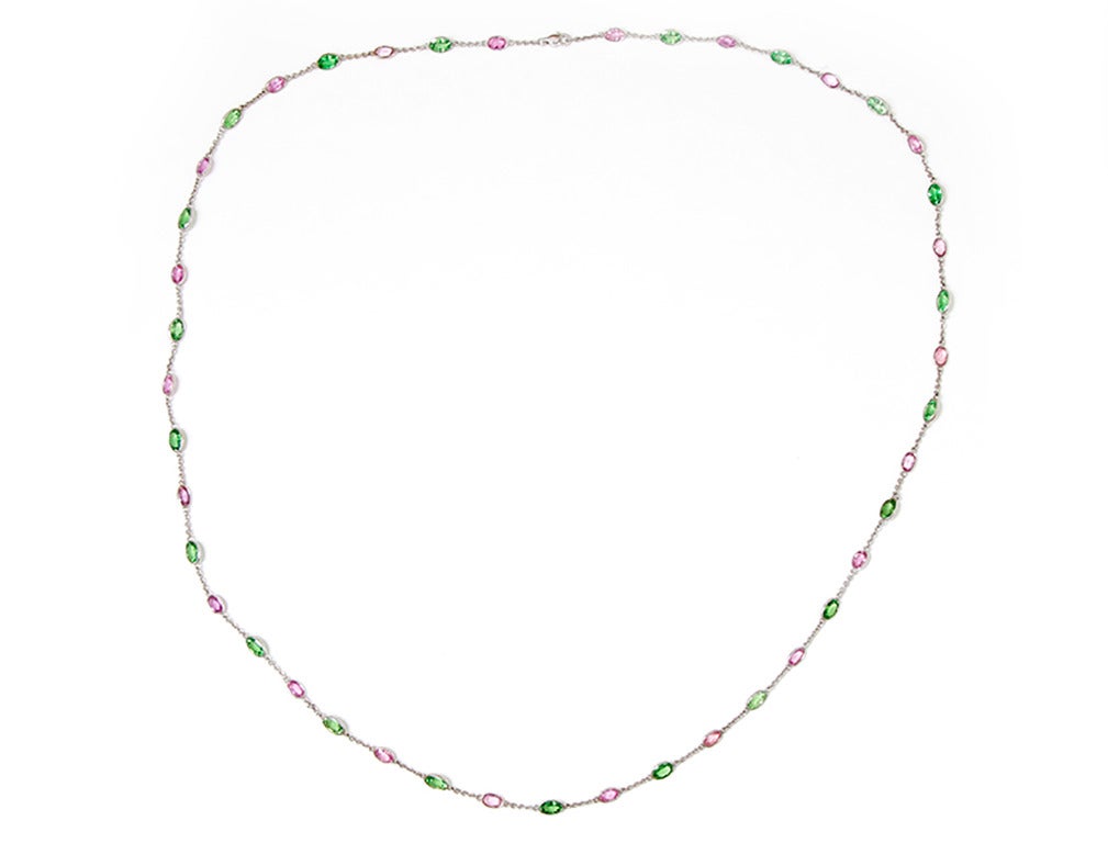 Amazing Pink Sapphire Synthetic Green Spinel Gold Chain Necklace In Excellent Condition In Dallas, TX
