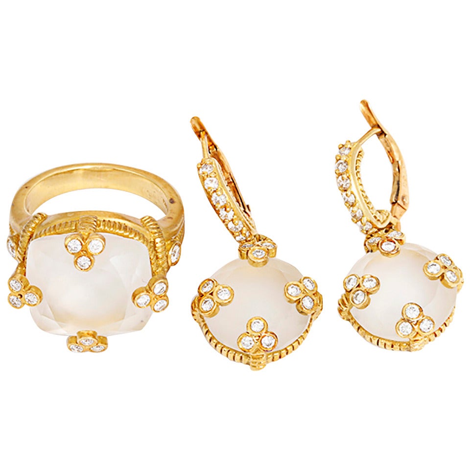 Judith Ripka Frosted Rock Crystal Diamond Gold Earring and Ring Set