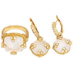 Judith Ripka Frosted Rock Crystal Diamond Gold Earring and Ring Set