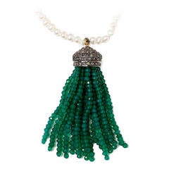 Amazing Seed Pearl Necklace with Emerald Diamond Silver Tassel