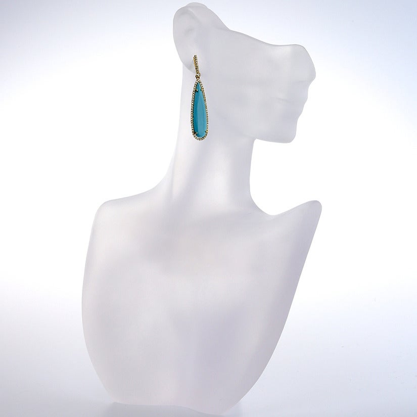 Persian Turquoise Diamond Gold Drop Earrings In New Condition In Dallas, TX