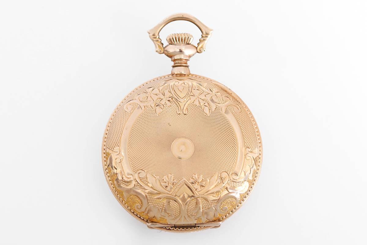 Waltham Lady's Ornately Engraved Gold Plated Hunting Case Pocket Pendant Watch In Good Condition In Dallas, TX