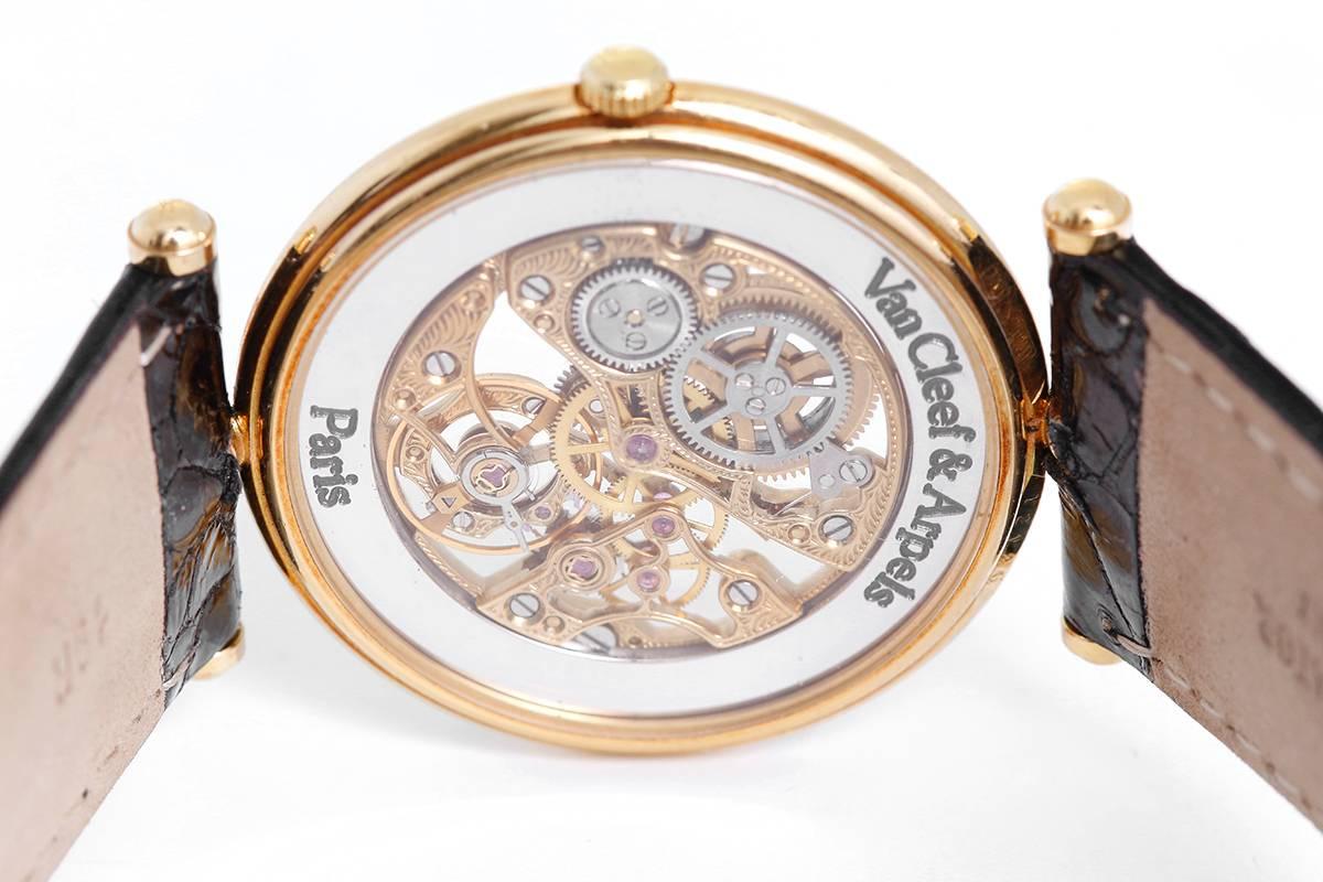 Van Cleef & Arpels Ladies Yellow Gold Diamond Skeleton Dial Wristwatch In Excellent Condition In Dallas, TX