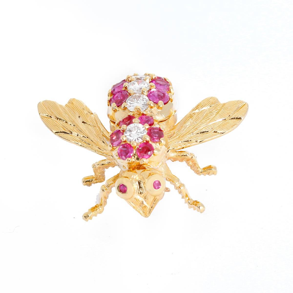 Rosenthal Ruby Diamond Gold Large Bee Pin In Excellent Condition In Dallas, TX