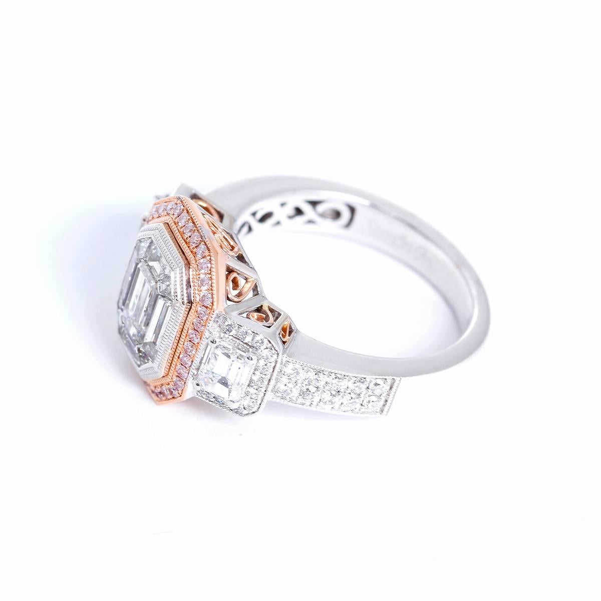 This Simon G Mosaic ring features emerald, trapeze, and full-cut diamonds weighing a total of 1.80 carats, enhanced by 0.13 ctw. full-cut pink diamonds; set in 18k pink and white gold. Diamonds are G-H-I in color and VS in clarity. Signed, Simon G.