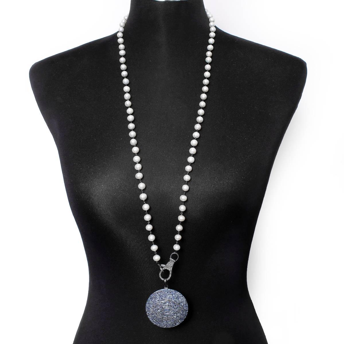 Stunning Freshwater Pearl, Diamond, and Blue Sapphire Evil Eye Disc Necklace In New Condition In Dallas, TX