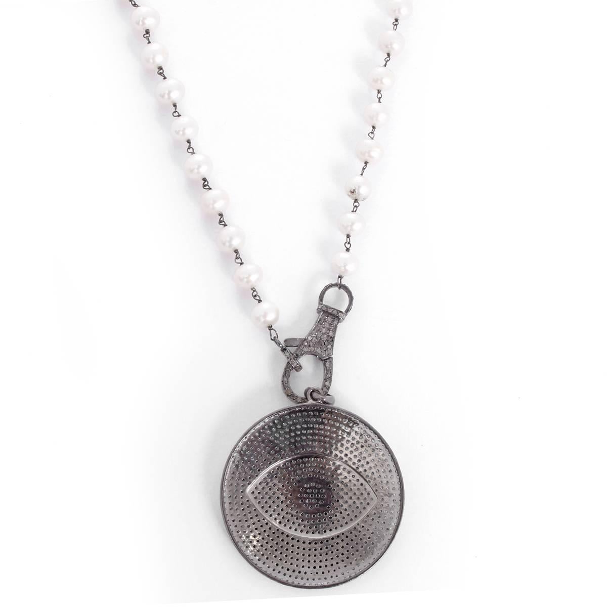Women's Stunning Freshwater Pearl, Diamond, and Blue Sapphire Evil Eye Disc Necklace