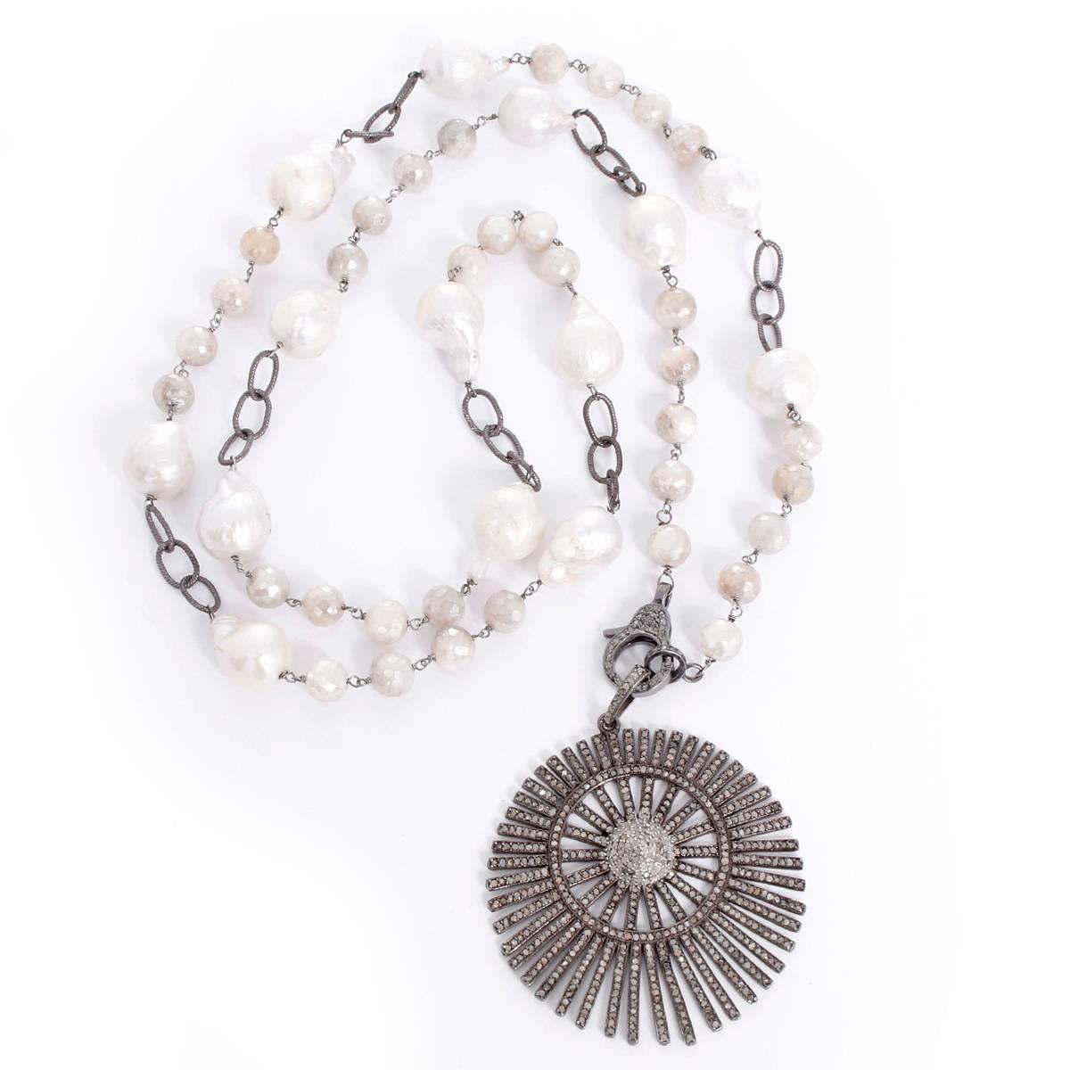Bohemian Grey Moonstone, Freshwater Pearl, and Diamond Sunburst Pendant Necklace In New Condition In Dallas, TX