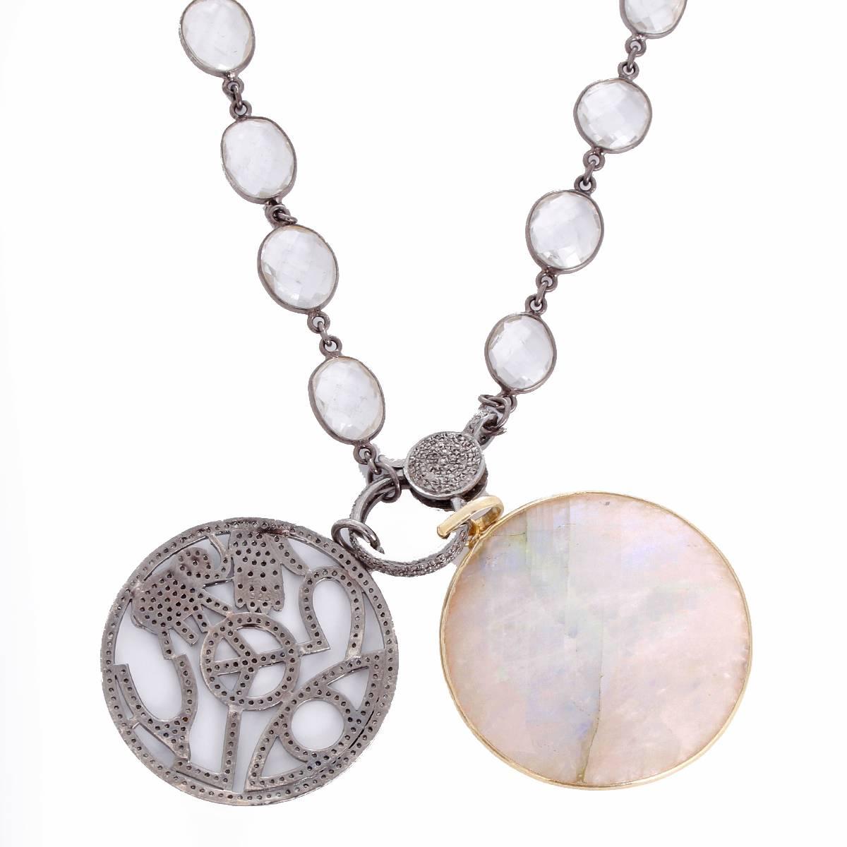 Beautiful Clear Quartz, Diamond, and Moonstone Pendant Necklace In New Condition In Dallas, TX