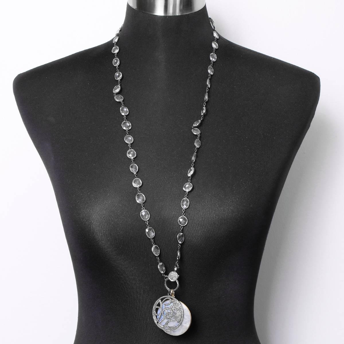 Women's Beautiful Clear Quartz, Diamond, and Moonstone Pendant Necklace