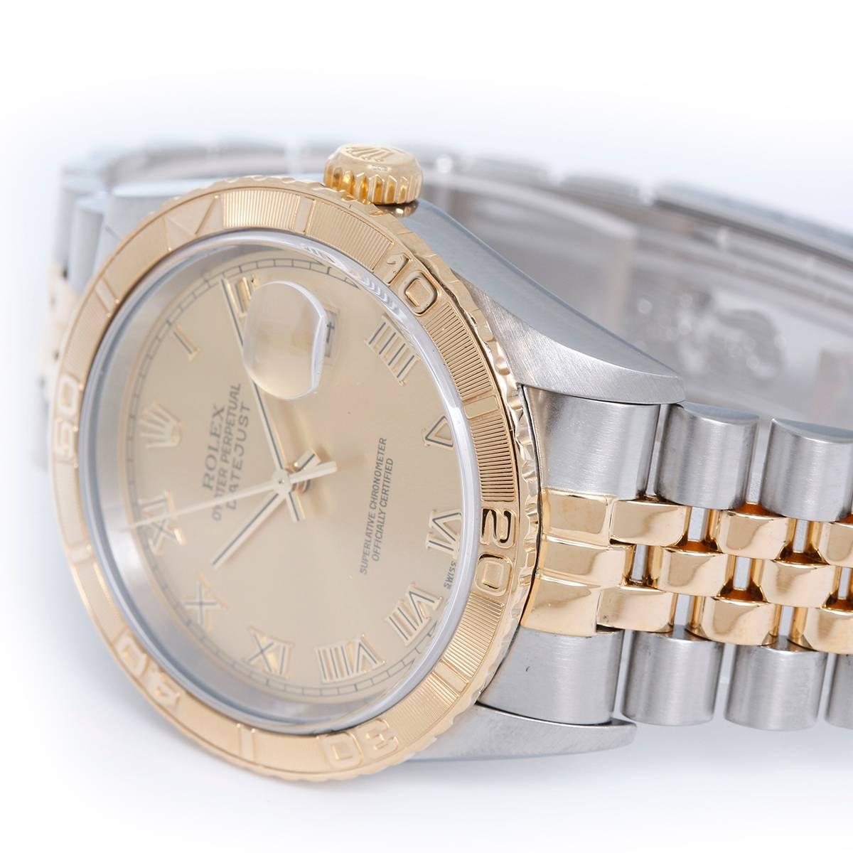 Automatic winding with date; sapphire crystal; 31 jewels. Stainless steel case with 18k yellow gold rotating Thunderbird bezel  (36mm diameter). Champagne dial with Roman numerals. Stainless steel and 18k yellow gold Oyster bracelet. Pre-owned with