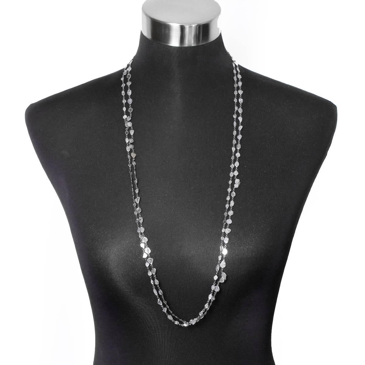 Beautiful Sliced Diamond and Oxidized Silver Long Chain Necklace In New Condition In Dallas, TX