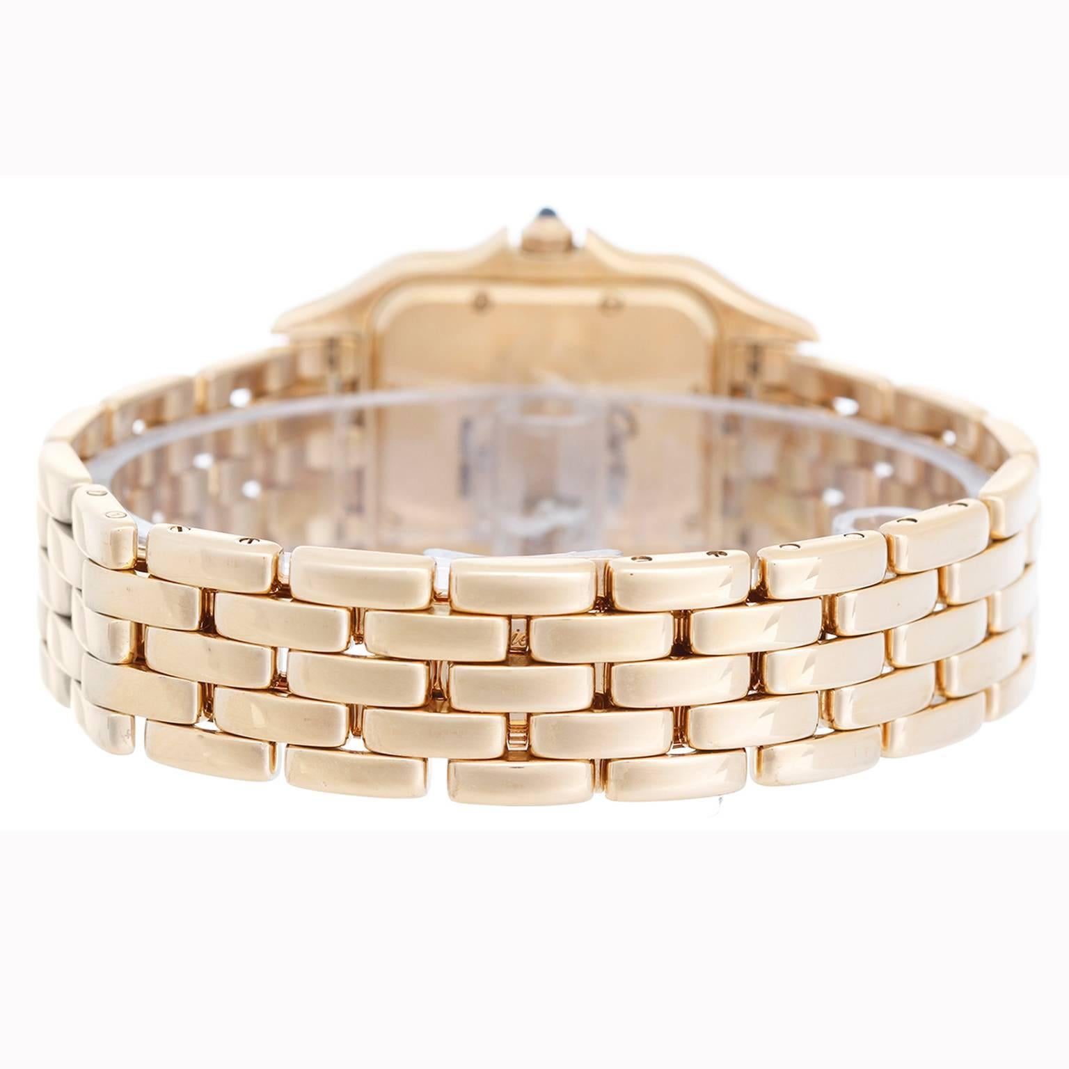 Cartier Panther 18k Yellow Gold Ladies Quartz Midsize Watch with Date -  Quartz. 18k yellow gold case (27mm x 37mm). Ivory colored dial with black Roman numerals and date at 3 o'clock. 18k yellow gold Cartier Panther bracelet with deployant clasp.