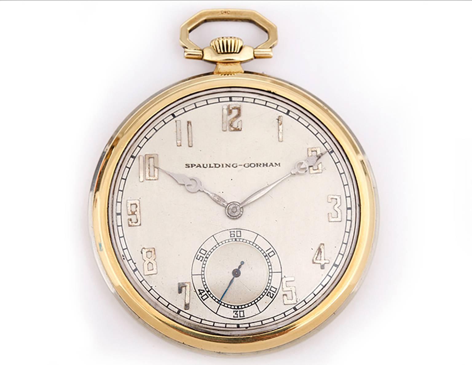 Longines Pocket Watch for Spaulding & Gorham -  Manual winding. Art Deco style 2-Tone 18k white & yellow gold 12 size (45mm diameter). The case back as well as the 14k gold case of the pocket watch are both engraved with the initials WJH. Silver