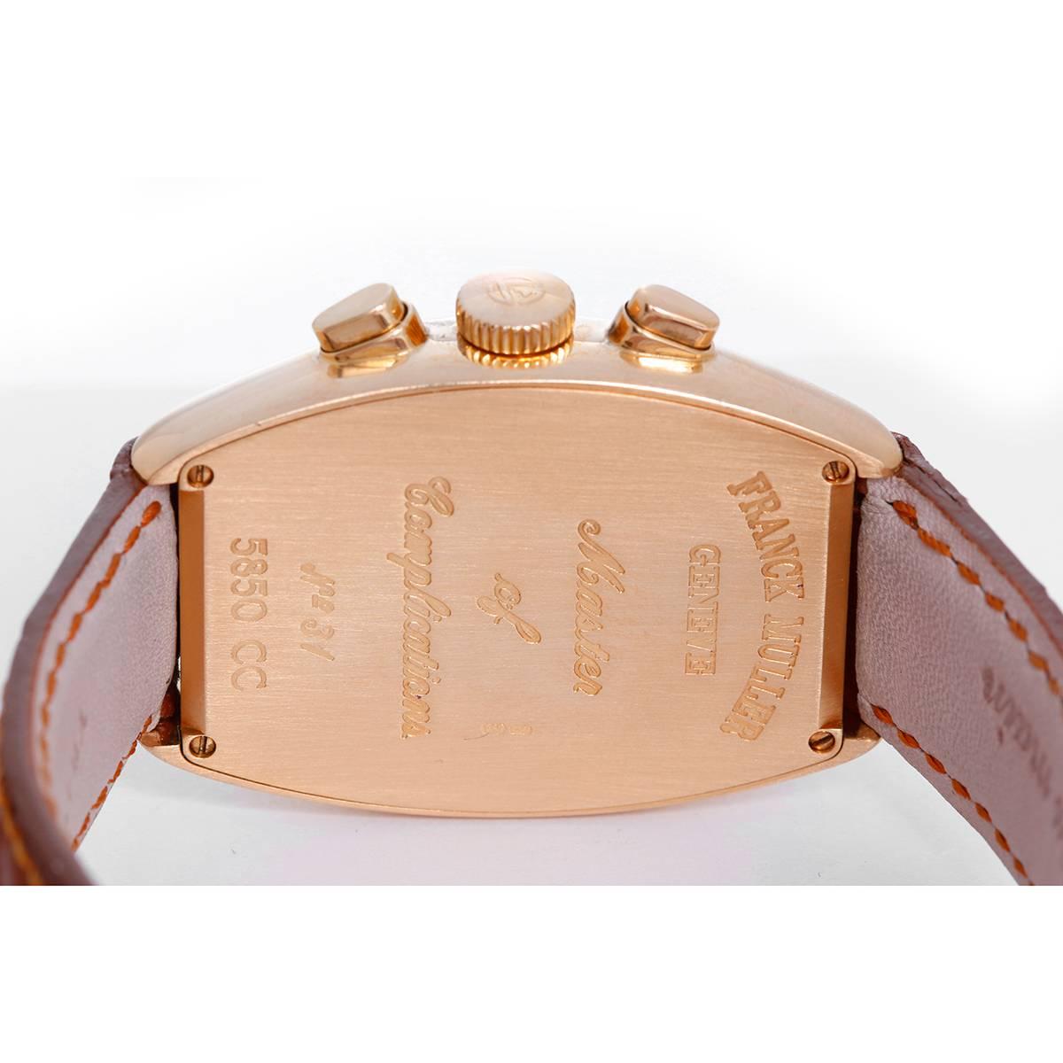 Franck Muller Chronograph 18k Rose Gold Wristwatch 5850 CC -  Automatic winding. 18k rose gold case (32mm x 45mm). Silvered dial with Arabic numerals; hours, minutes & seconds recorders. Strap band with 18k rose gold Franck Muller buckle.