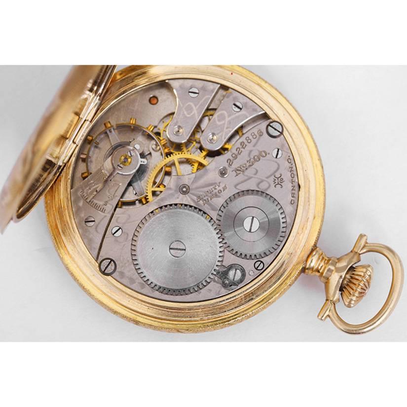Hampden Gelbgold gravierte Jagdgehäuse-Armbanduhr mit Handaufzug im Angebot 1