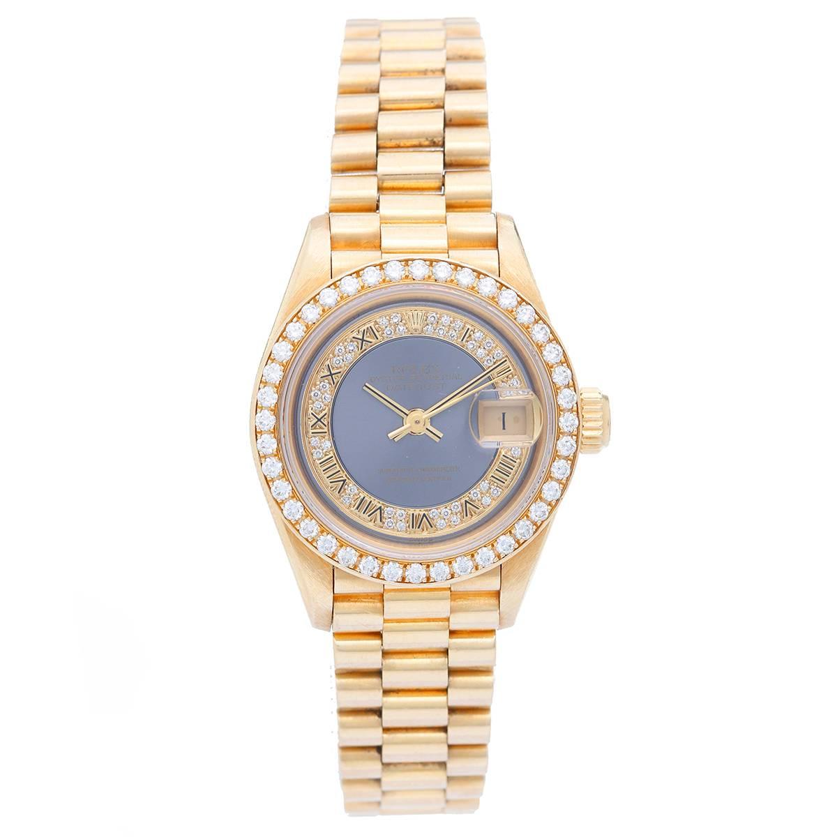 Rolex Ladies Yellow Gold President Diamond Bezel Automatic Wristwatch