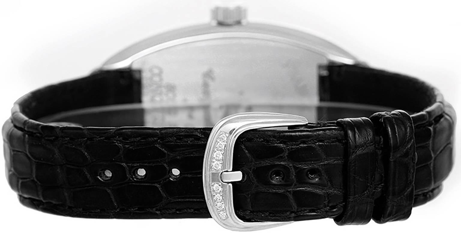 Franck Muller Conquistador Ladies 18k White Gold Diamond Watch 8002 SC D -  Automatic winding. 18k white gold pave diamond case and diamond bezel (34mm x 48mm). Black dial with Arabic numerals; date at 6 o'clock. Black croc strap band with 18k white