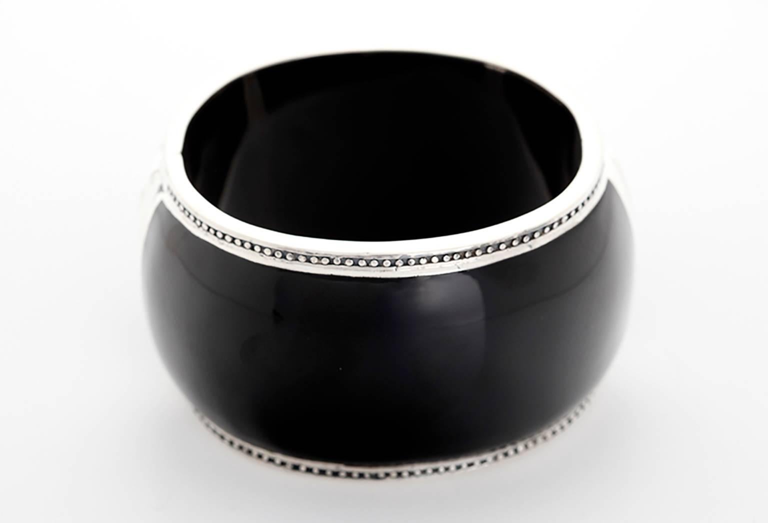 Miriam Salat Brown and White Topaz Medallion Cuff in Black Resin and Sterling Silver - This amazing Miriam Salat black resin and sterling silver cuff bracelet features a medallion with brown and white topaz. Cuff measures apx. 6-1/2 inches in