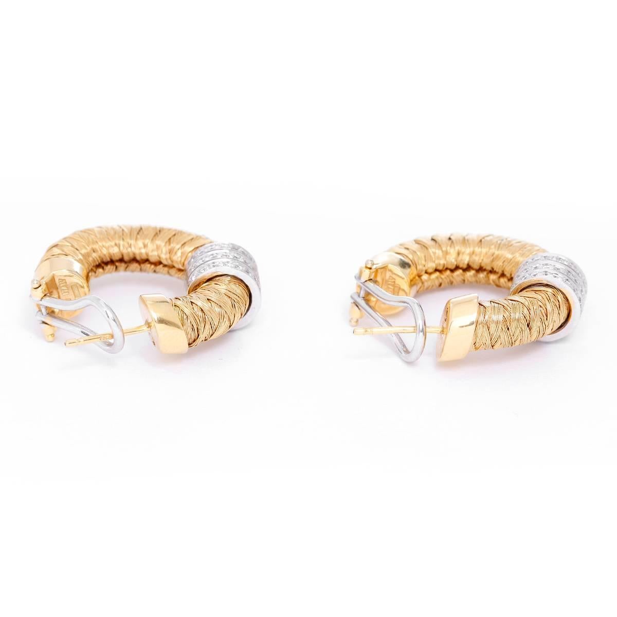 Roberto Coin 18k Gold and Diamond Hoop Earrings - 18k Gold Basketweave Hoop Earrings, Signed 18k Italy. Gorgeous earrings with perfectly subtle touch of elegance. 