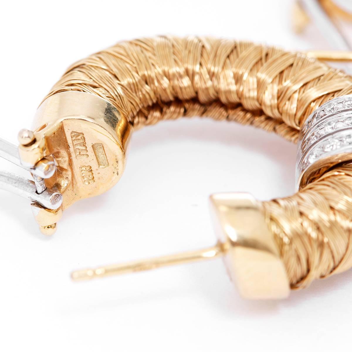 Women's or Men's Roberto Coin Diamond Gold Basketweave Hoop Earrings