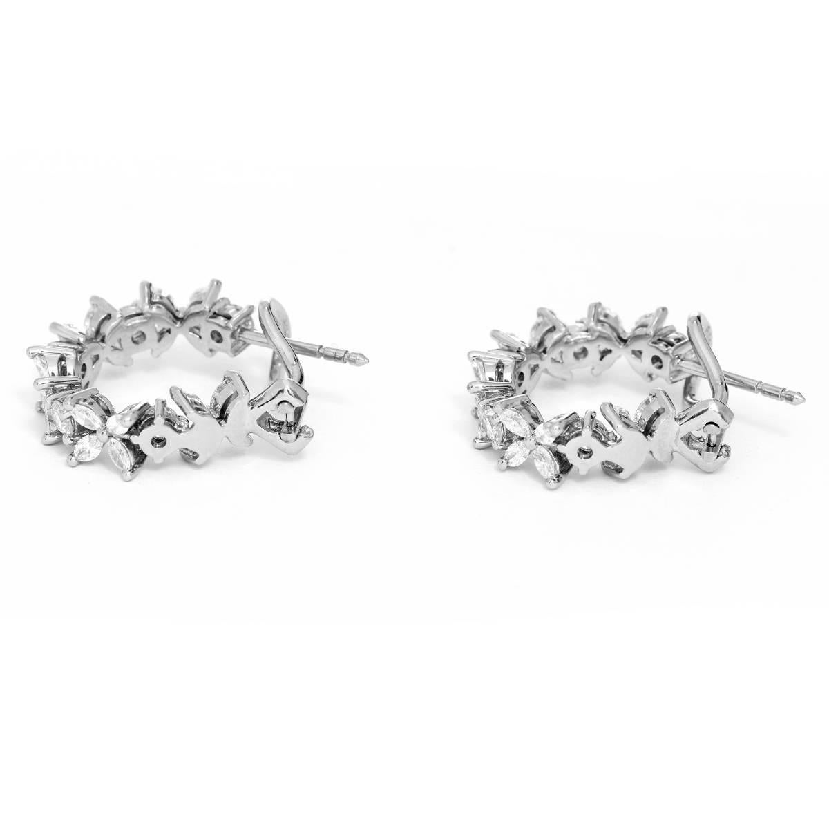 Tiffany & Co. Victoria Alternating Hoop Earrings - Marquise and round brilliant diamonds set into a beautiful floral design on platinum. Signed Tiffany & Co. Diamond 2.08 cts. Total weight 11.3 grams.