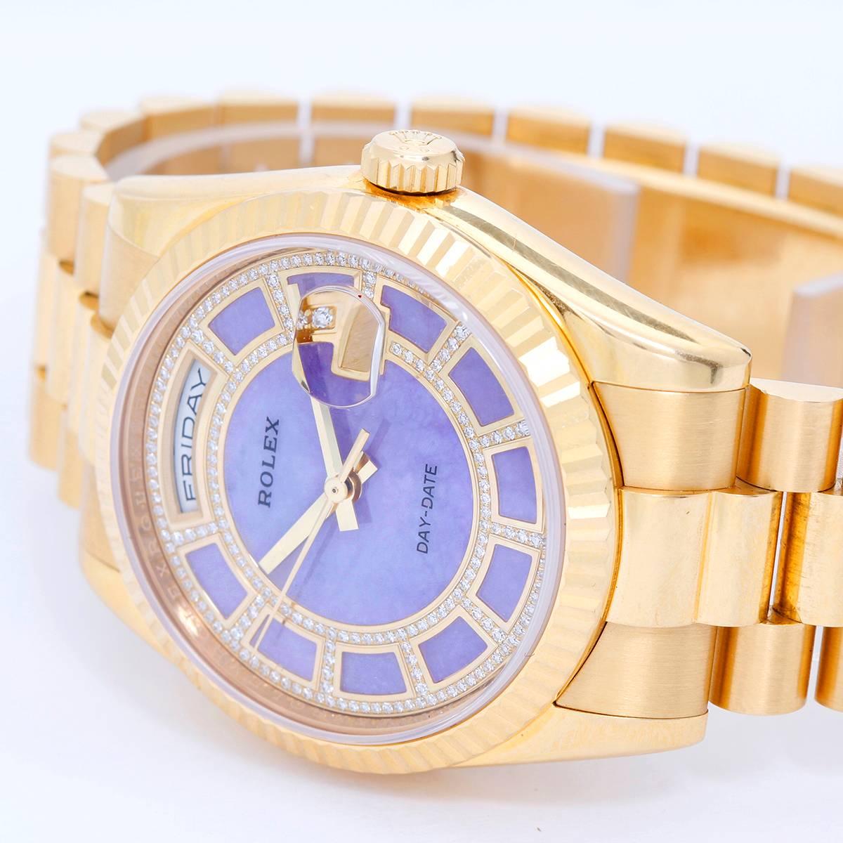 Rolex President Day-Date Men's 18k Gold Watch 118238 White Roman -  Automatic winding, 31 jewels, Quickset, sapphire crystal. 18k yellow gold case with fluted bezel (36mm diameter). Genuine Rolex Lilac Stone Carousel Diamond Dial. 18k yellow gold