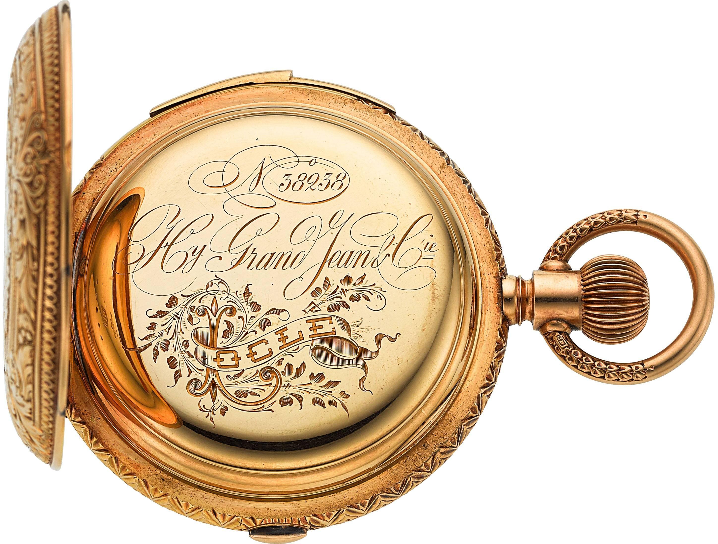 Hy. Grandjean & Cie., LeCoultre 18K Gold Hunting Case Pocket Watch -  Manual movement; 36 jewels, signed LeCoultre. Minute Repeater with Chronograph. 18K yellow gold; Highly decorative hunting case, raised horses racing. The back has raised