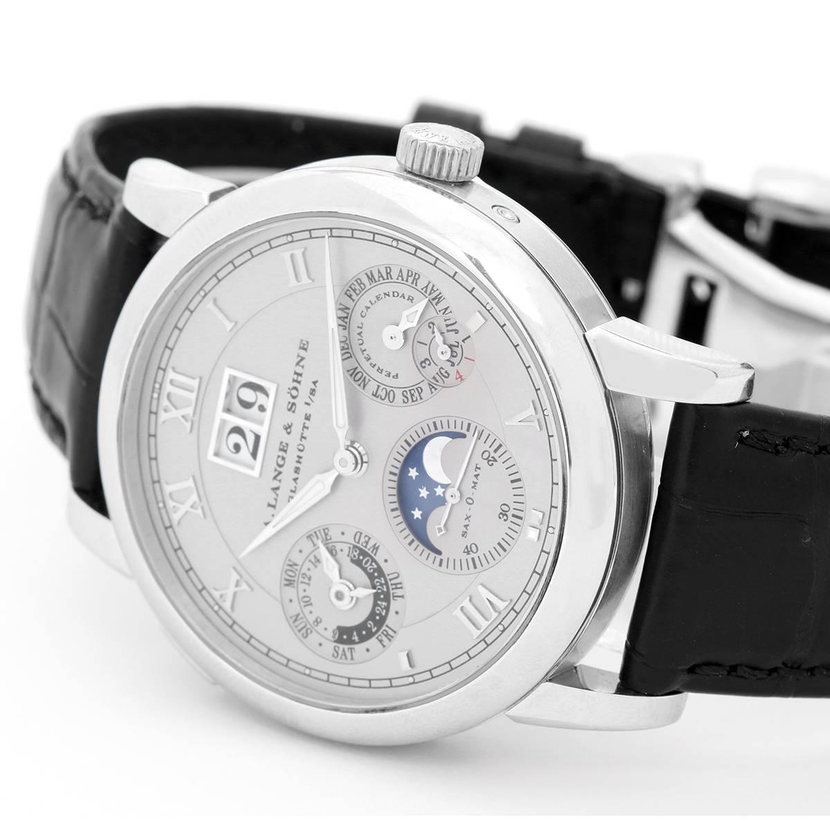 A. Lange & Sohne Langematik Perpetual Men's Platinum Watch 310.025 -  Automatic winding. Platinum case with exposition back (39mm diameter). Silver dial with Roman numerals, day, date, month and moonphase; leap year and 24-hour indicators. Black